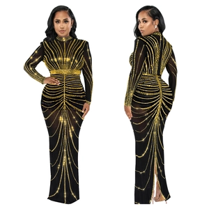 Detailed front and back view of long sleeve sheer mesh dress with gold sequins