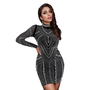 Elegant long sleeve bodycon dress with rhinestone patterns and white pearls decoration