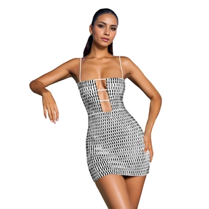 Close-up of a sexy bodycon mini dress featuring silver and black geometric sequin patterns