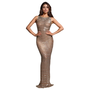 Detailed close-up of champagne evening dress featuring silver sequins and star patterns