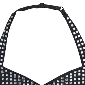 Detail of black fabric featuring dense silver square rhinestones and adjustable strap