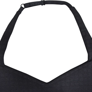 Detail of black halter dress showing adjustable straps and fine knit fabric texture