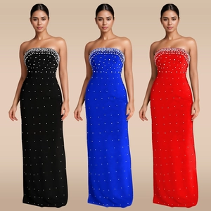 Robe Maxi Bustier Femme avec Künstliche Perles Sexy Dos Nu Fente Coupe Ajustée Velours Robe de Soirée pour Mariage Fête
