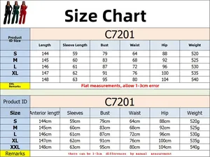 Detailed sizing chart for women's long sleeve jumpsuit with measurements for S to XXL