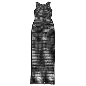 Detail of elegant black bodycon dress featuring silver rhinestone mesh and back slit