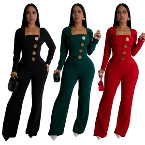 Slim fit long sleeve jumpsuit with square neck and gold buttons in black, green, and red
