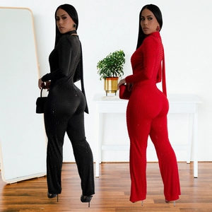 Elegant V-neck long sleeve jumpsuit with shimmering rhinestones in black and red colors