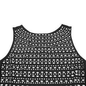 Detailed view of silver rhinestones and crystal patterns on black sleeveless dress neck