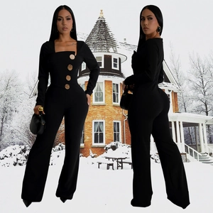 Women's black long sleeve slim fit jumpsuit with square neck and gold buttons