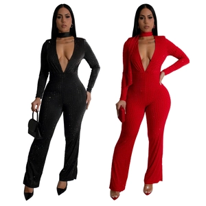 Women sexy V-neck long sleeve sequined jumpsuit with flared pants in black and red colors
