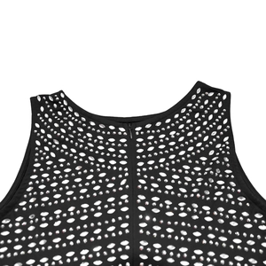Detail of black dress neckline with silver rhinestone patterns and hidden front zipper