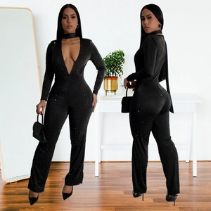 Sexy black long sleeve romper with V-neck, choker and sparkling rhinestones