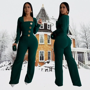Elegant dark green long sleeve jumpsuit with square neck and gold decorative buttons