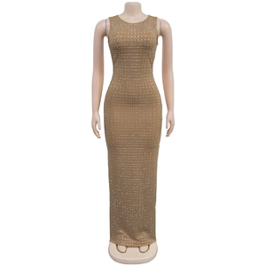 Detailed view of brown sleeveless maxi dress featuring sparkling rhinestone embellishments