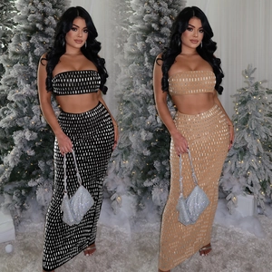 Ensemble Deux Pièces Sexy Pour Femmes Haut Tube Et Jupe Maxi En Strass Polyester Tenues De Fête Et Banquet Élégantes
