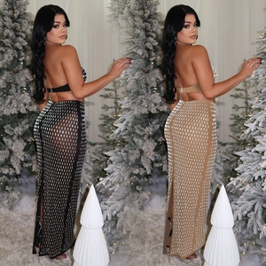 Ensemble deux pièces pailleté pour femme avec haut bustier et jupe longue à fente haute