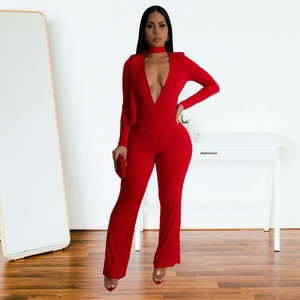 Detail of red rhinestone long sleeve jumpsuit with deep V-neck and matching choker