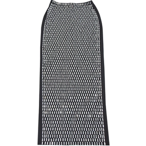 Close-up of sparkling vertical rhinestones on high-waist black bodycon maxi skirt