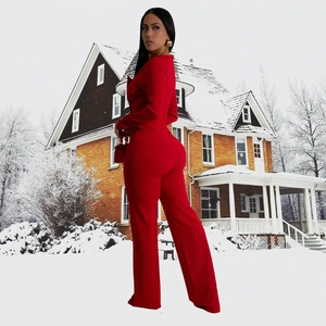 Detail of red long-sleeved slim fit jumpsuit with lapel collar and wide-leg trousers