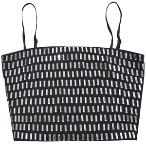 Detail of black cropped tank top with silver rhinestone embellishments in a grid pattern