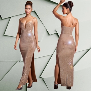Detail of high-slit champagne evening dress with sequins and deep V-neckline style