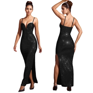 Close-up of slim-fit black sequined dress with deep V-neck and high side slit