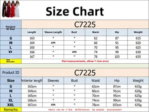 Size chart for the deep V-neck slit dress with detailed measurements for S to XXL