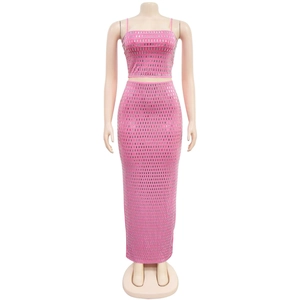 Close-up of pink two-piece set with shimmering silver sequins and sleek crop top design