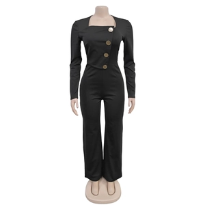 Detail of square neckline jumpsuit with gold buttons and asymmetrical front flap