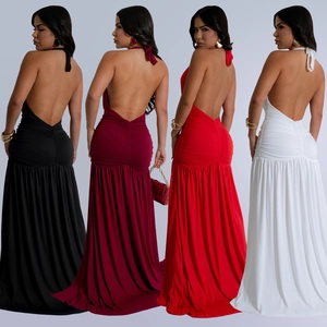 Sultry halter neck backless maxi dress with deep V-neck and split hem in multiple colors