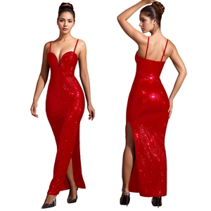 Detailed view of red sequin dress with spaghetti straps and side slit on white background
