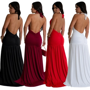 Detail view of the elegant open back and ruched design of the long halter dress in four colors