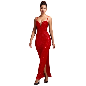 Detail of red sequined dress showing V-neck design and high slit side for evening wear