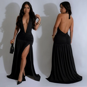 Elegant black halter maxi dress featuring deep V-neck, open back and high side slit
