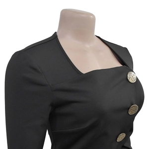 Detail of square neck long sleeve jumpsuit with three golden embossed metal buttons