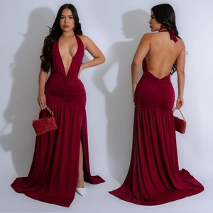 Elegant burgundy halter neck evening maxi dress with deep V-neck and high side split detail