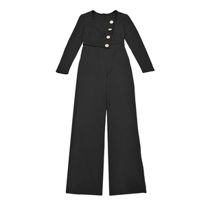 Detail of black square neck jumpsuit featuring four decorative gold embossed buttons