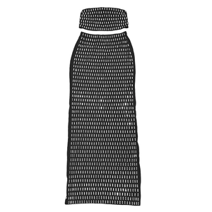 Détail de l'ensemble top bandeau noir et jupe longue avec ornements en strass argentés