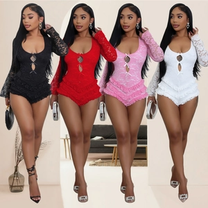 Bodys Sexy en Dentelle Dos Nu Femme Combinaison Manches Évasées Longues Avec Nœuds Volants Coupe Ajustée Clubwear Party Romper