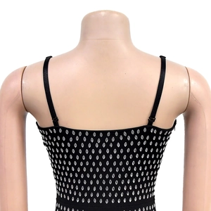 Detail of silver marquise rhinestones on black sleeveless dress with adjustable straps