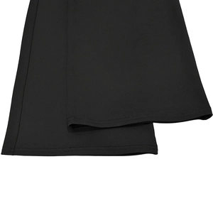 Detailed close-up showing the double-stitched hem on the black long pants fabric