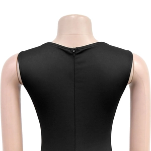 Close-up of invisible back zipper on black rhinestone bodycon dress with sleek knit texture