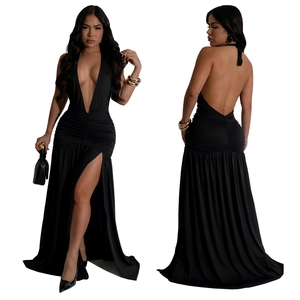 Detailed front and back view of sexy black halter maxi dress with deep V-neck and high slit