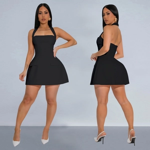 Elegant black halter mini dress with side flap pockets and slim fit A-line silhouette