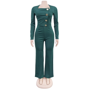 Detail of square neckline with gold buttons on slim fit dark green long sleeve jumpsuit