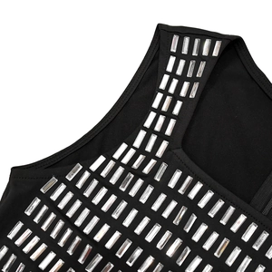 Close-up of black bodycon dress featuring crystal rhinestone neckline and side zipper detail