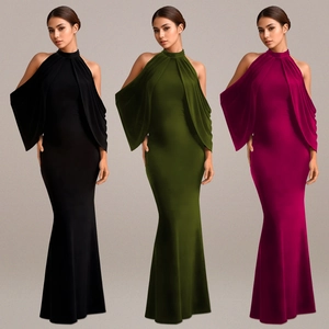 Halter Neck Draped Sleeve Maxi Dress For Women Elegant Bodycon Mermaid Evening Party Dress Solid Color Cold Shoulder Wedding Guest Gown
