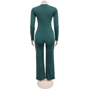 Rear view of dark green long sleeve jumpsuit with back zipper and wide leg cut