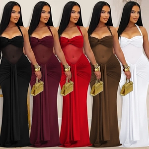 Women Sexy Halter Neck Mesh Patchwork Bodycon Maxi Dress Ruched Backless Tie-Up Party Evening Clubwear Long Dress