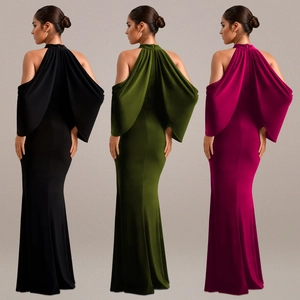 Elegant halter neck satin fishtail gown with cape sleeves in black, green, and rose pink